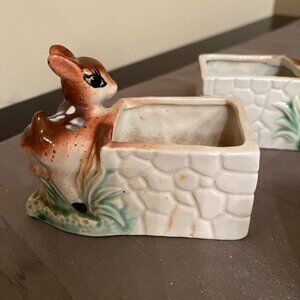 3 Vintage Ceramic Hand Painted Planters. Fawn, Baby Deer Baby Reindeer.